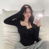 2KWEIRD Women Sexy Square Neck T-shirt Autumn Chic Button Long Sleeve Slim Fit Crop Top Y2K Femme Slim Skinny Tshirt Women Basic Tops