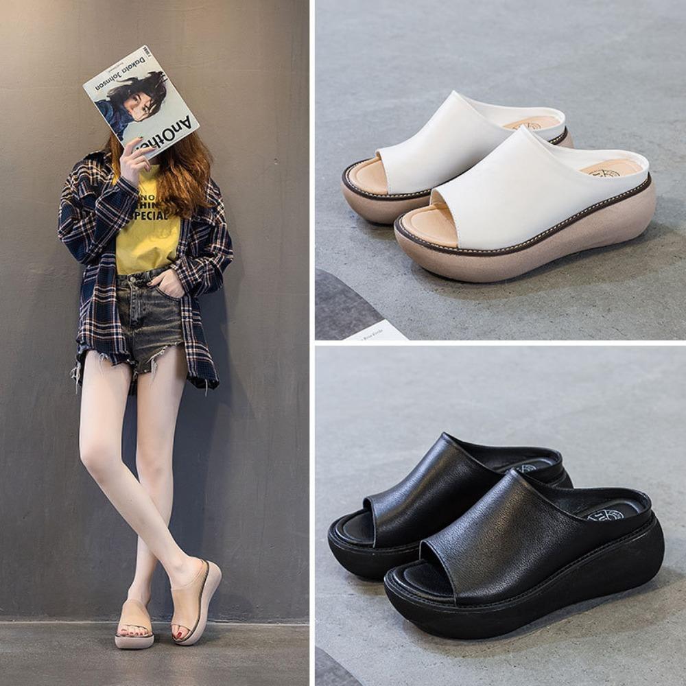 Dámské pantofle, 2025, nové kožené, zvětšující výšku, retro, ležérní, silná podrážka, prodyšné, plážové boty pro ženy