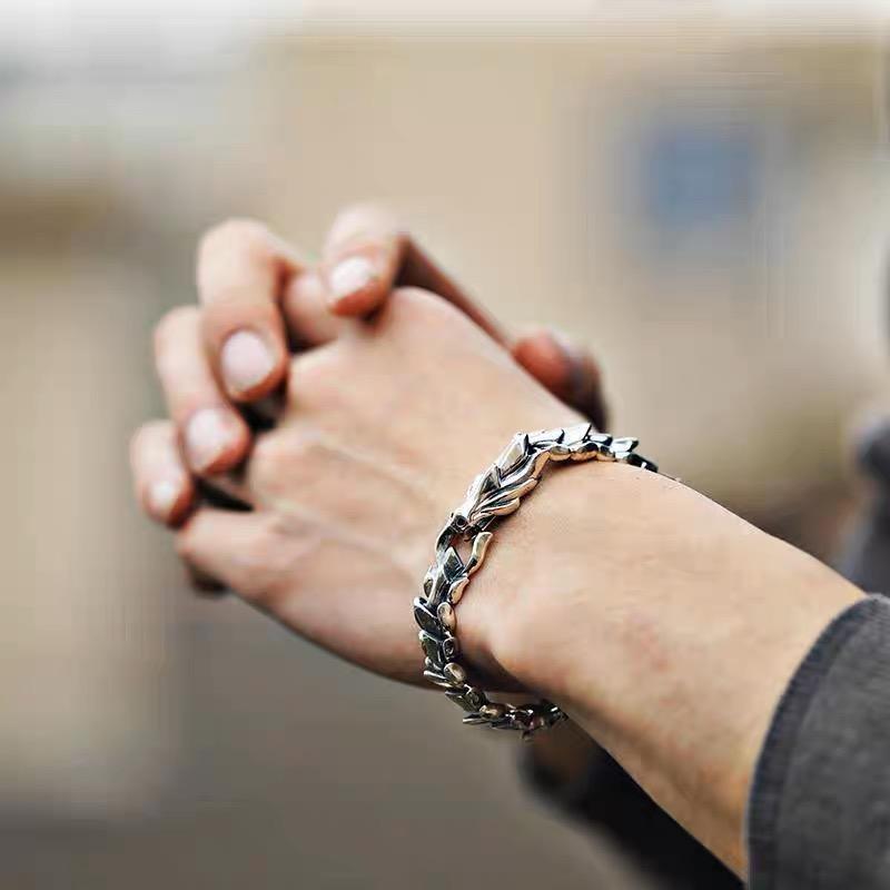12mm Width Real Silver Retro Classical Dragon Links Bracelets For Man Male S925 Sterling Silver Vintage Bracelet Fine Jewelry