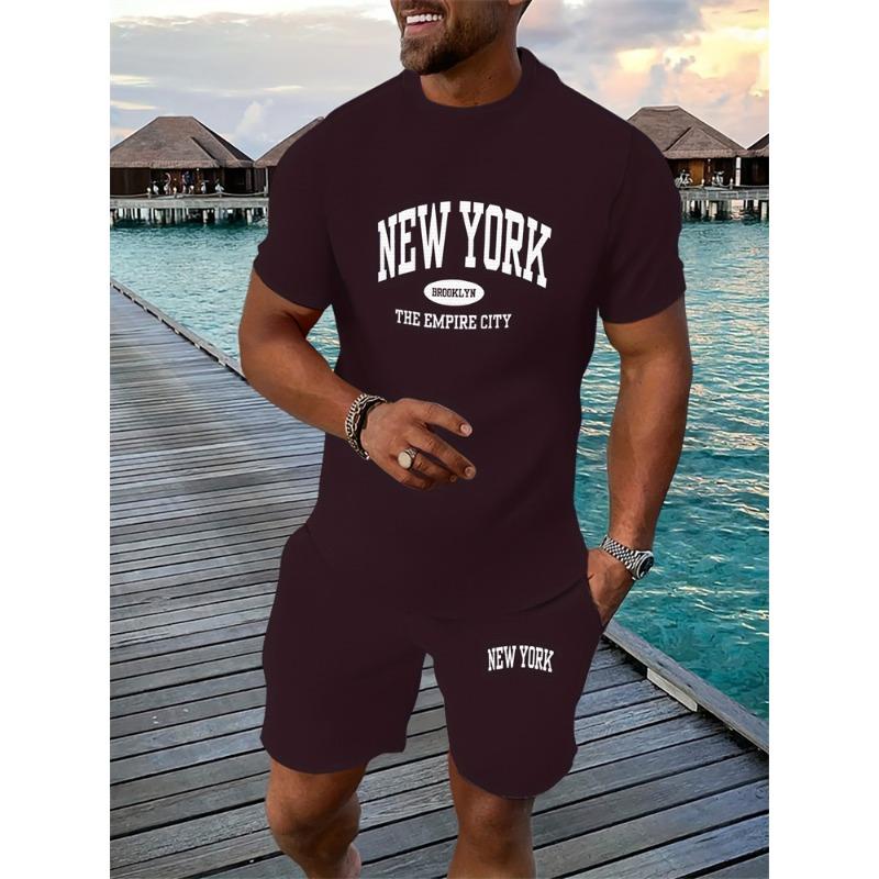 Men's Breathable Athletic Set Summer 3D Letter Print T-Shirt And Shorts Set Adult Lightweight Fitness Wear Casual Sportswear Set