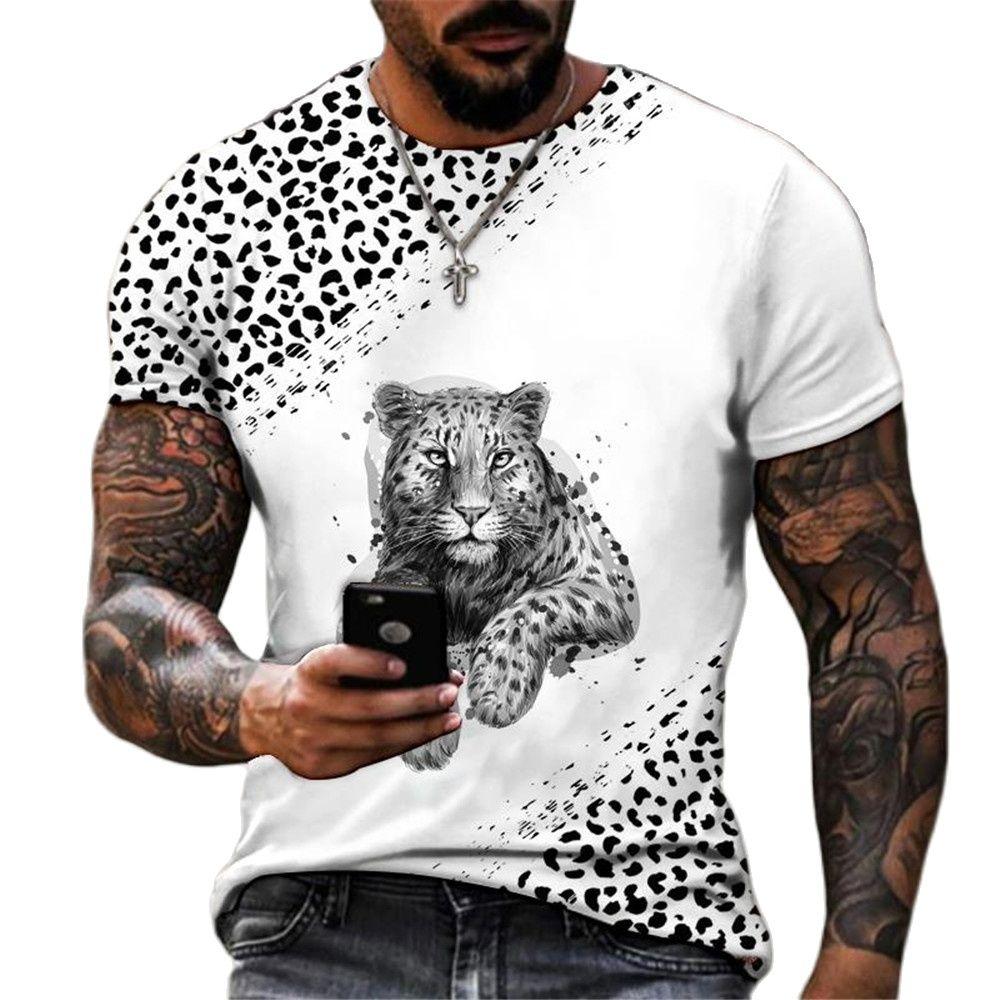 Animal World Leopard 3D Printed T-shirts Summer Street Trendy 0-Neck Short-sleeved Oversized Men's T-shirts