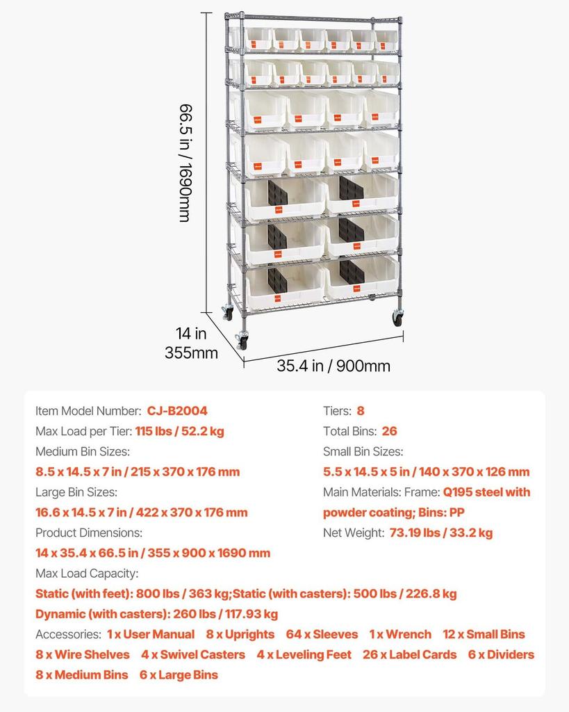 8-Tier Rolling Bin Storage Rack, 26 Organizer Bins, Bin Rack Storage Steel Wire Shelving System with Wheels, Mobile Tool Organizer for Garage,