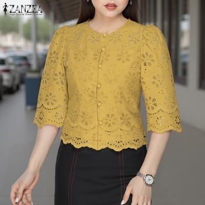 Chemisier décontracté à col rond et manches 3/4 en dentelle patchwork pour femme