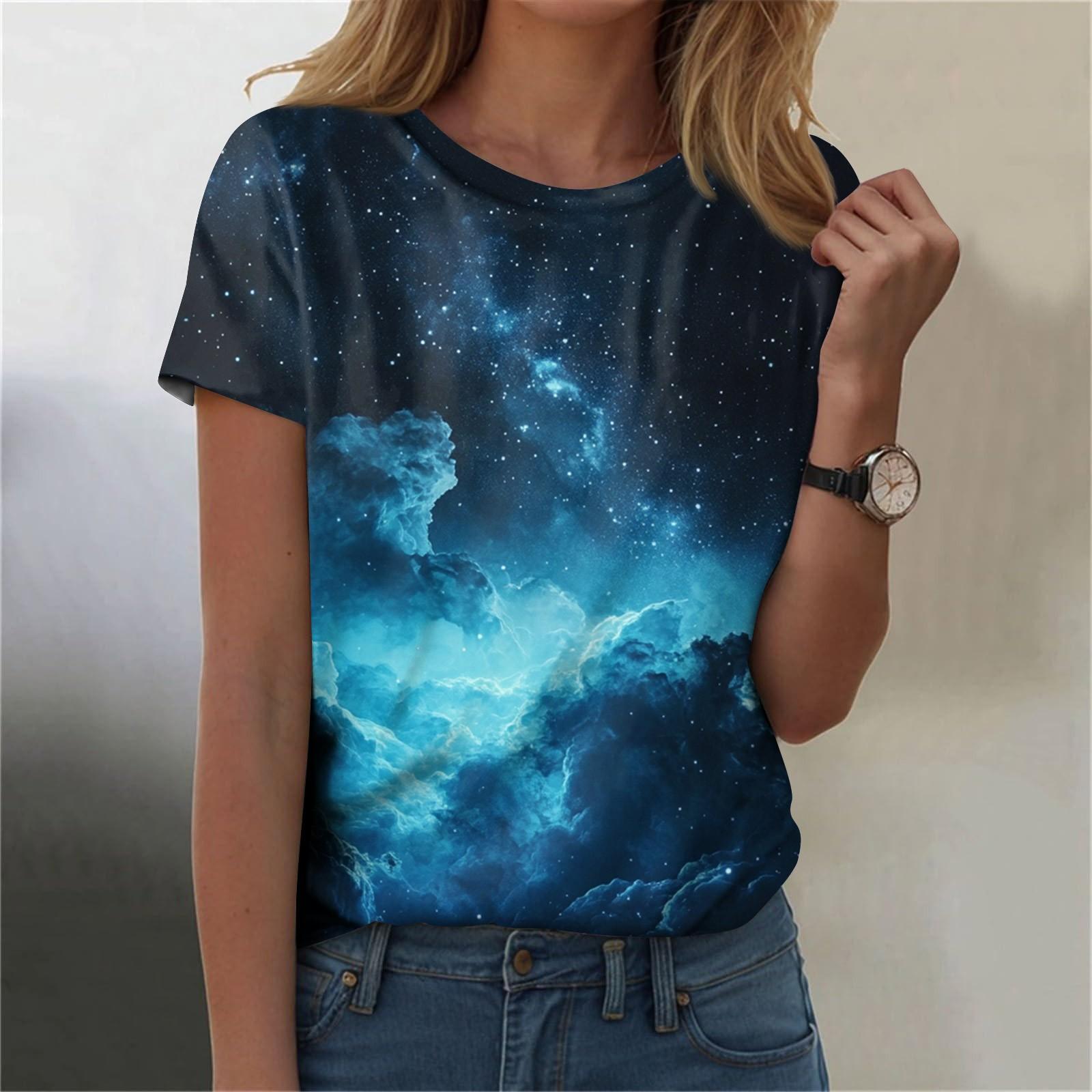 

Женская мода Sky Print модная универсальная облегающая футболка с коротким рукавом L синий