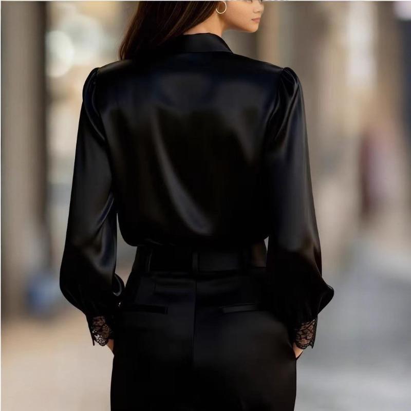 White Women's Shirt Spring and Autumn Lace V-neck Long Sleeve Loose Casual Satin Shirts Women Solid Color Single Breasted Simple Office Lady Blouse