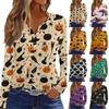 Women's Fashion Casual Halloween Printed V-Neck Button Trim Long Sleeve T-Shirt Top