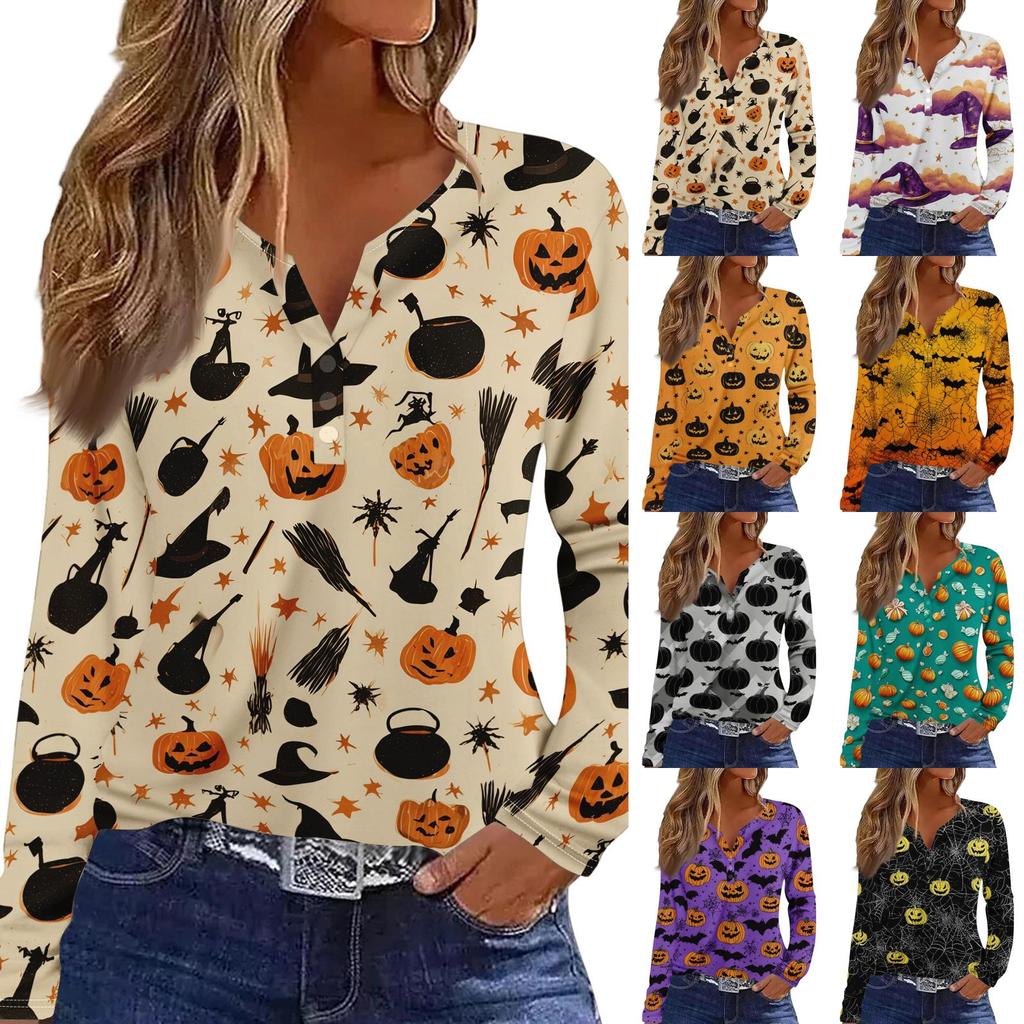 Women's Fashion Casual Halloween Printed V-Neck Button Trim Long Sleeve T-Shirt Top