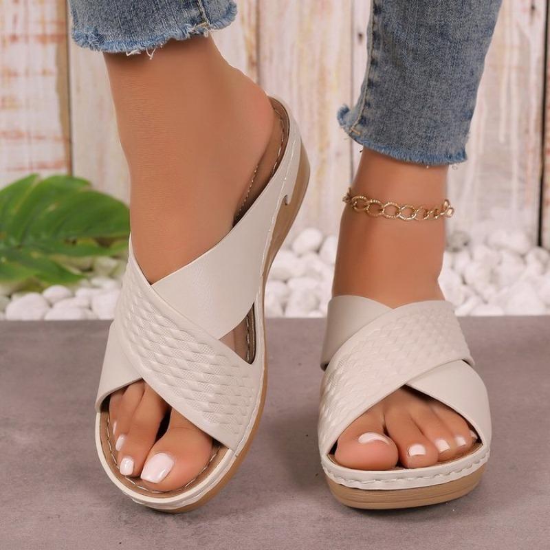 Hollow cross with platform sandals women's Velcro solid color light slope heel beach sandals