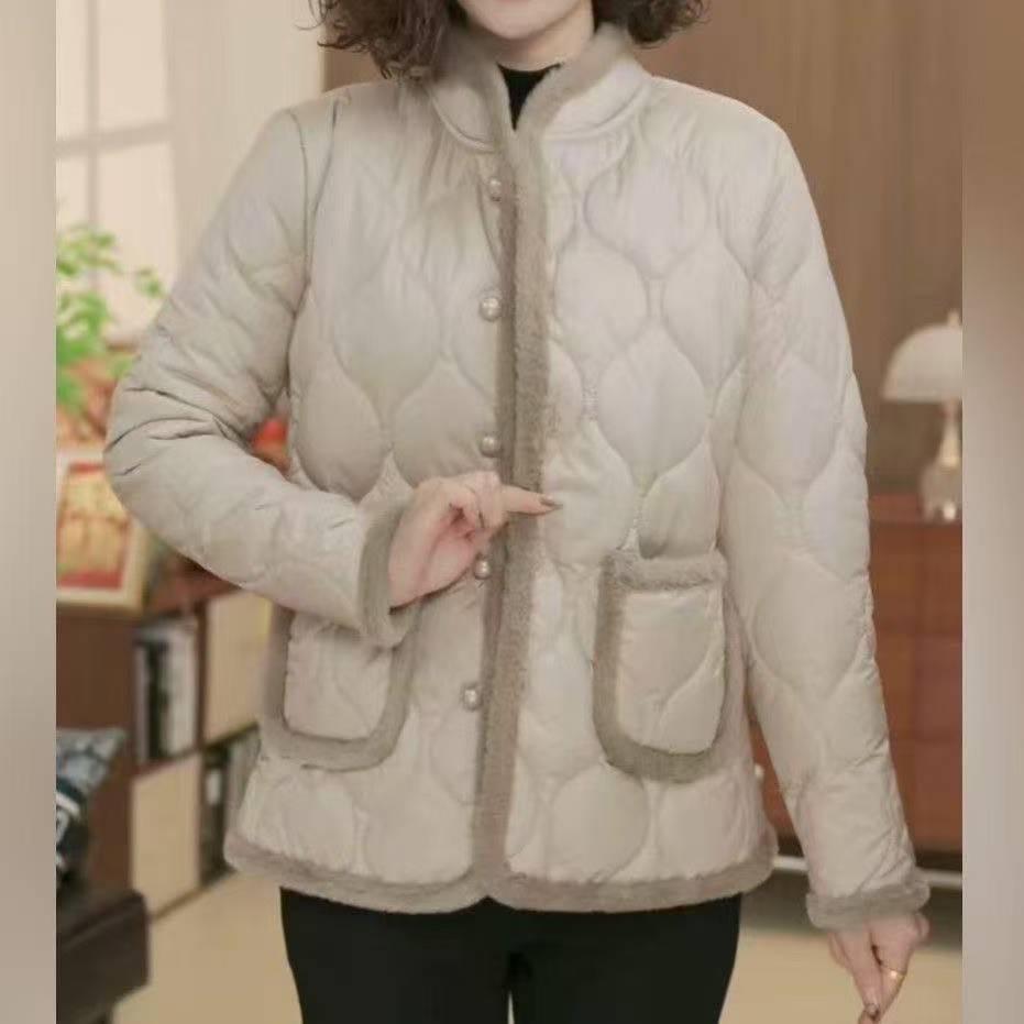 Stylish Women's Winter Cotton Jacket with Velvet Lining - Warm Casual Outerwear for Middle-Aged and Elderly