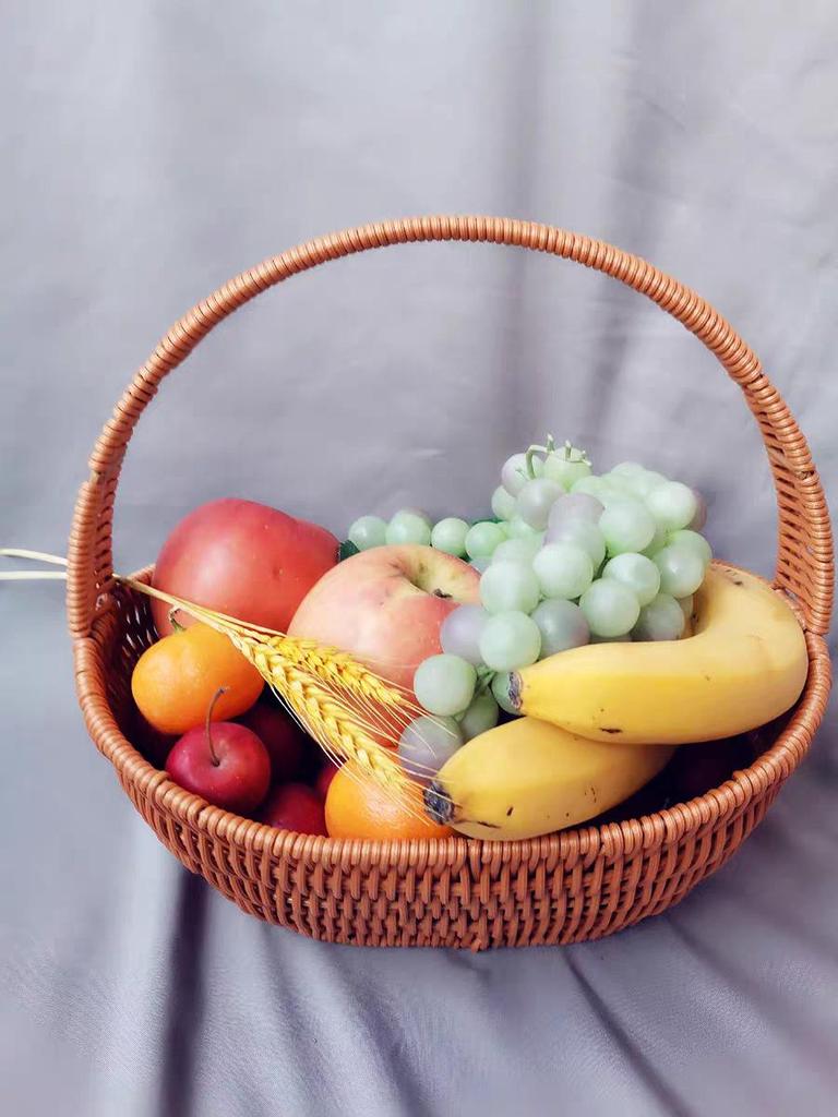 Rattan-Look Iron Frame Handbasket: Plastic Woven Flower, Vegetable, Shopping, Wedding Gift, Outdoor Restaurant Storage Basket.