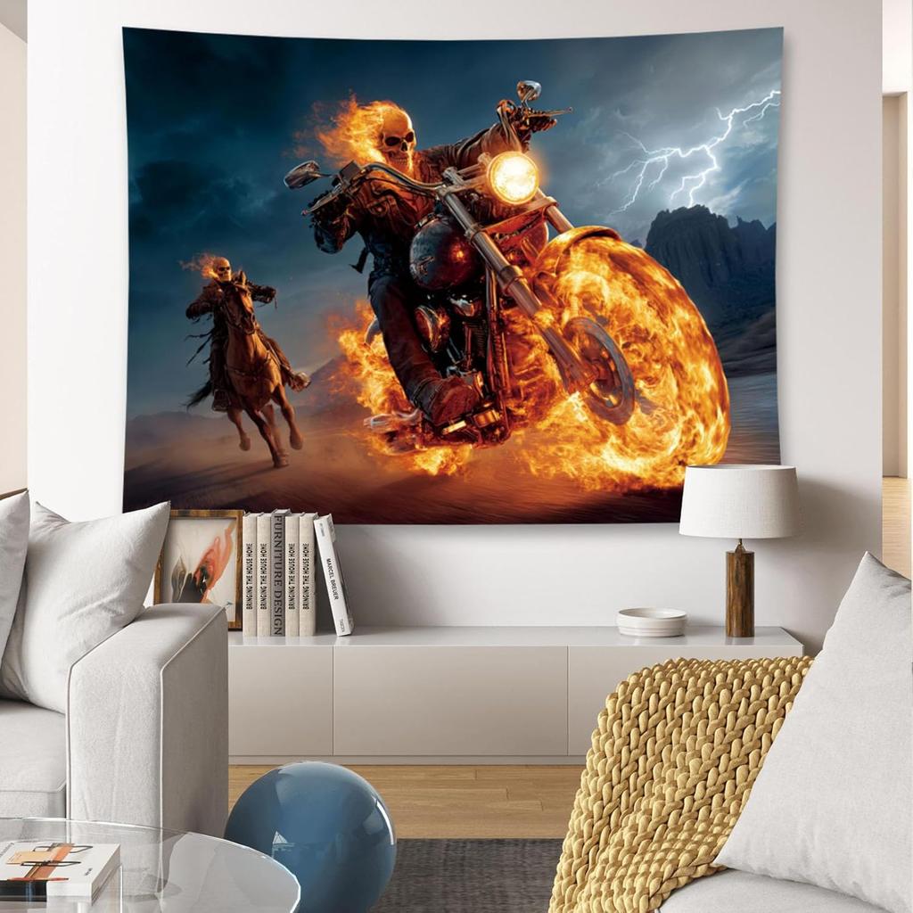 Flaming Skull Rider on Motorcycle and Horse Wall Mural 2D HD Print Action Scene Fantasy Art Dark Theme Home Bedroom Tapestry