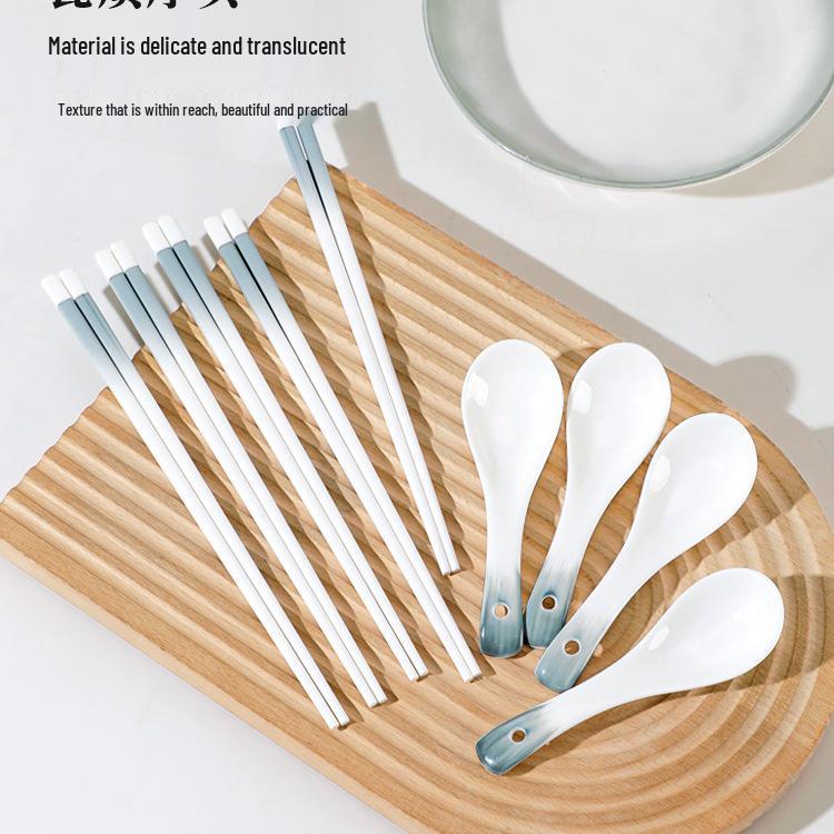 Simple Ceramic Long-handled Soup Spoon and Chopsticks Set for Home and Restaurant Use