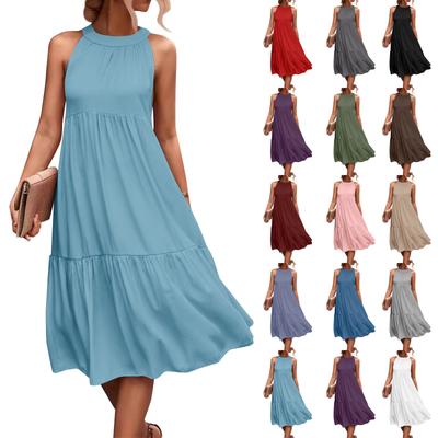 Women's Summer Sleeveless Solid Color Printed Loose Splicing Casual Hanging Neck Beach Dresses