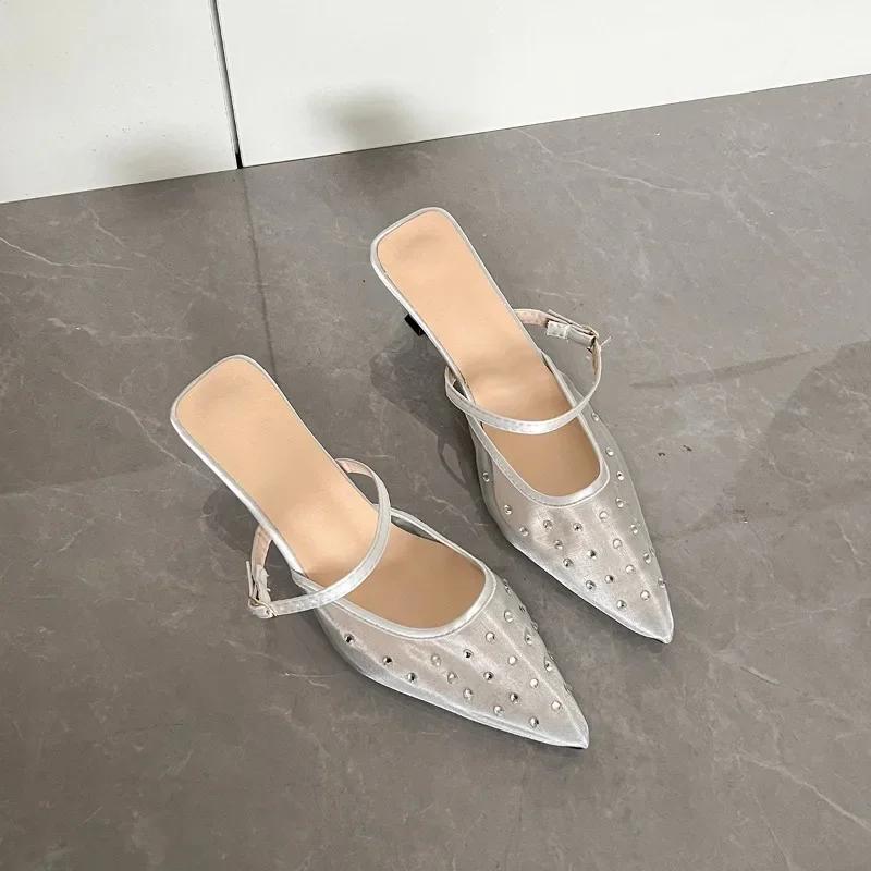 Fashion Crystal Women Slippers Heeled Sandals Pointed Toe Mesh Mules Shoes Woman 2025 Trend Summer Elegant Pumps Dress Slides Plus Size