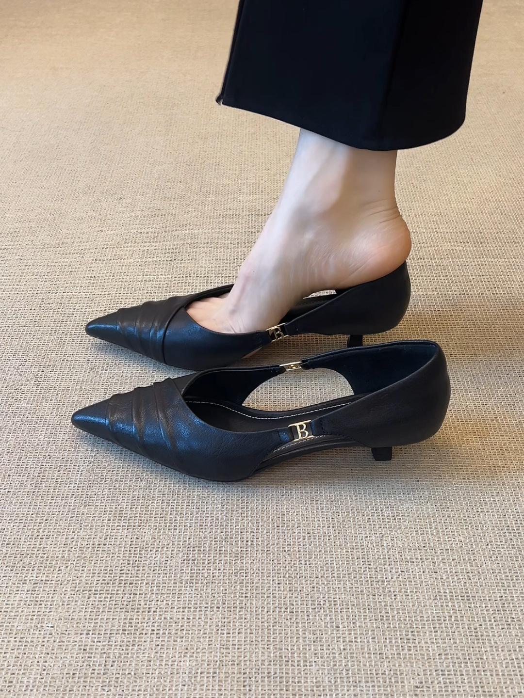 

Sheepskin version~ 2025 new French retro style pointed head thin heel single shoes femininity casual versatile high heels women 40 чёрный