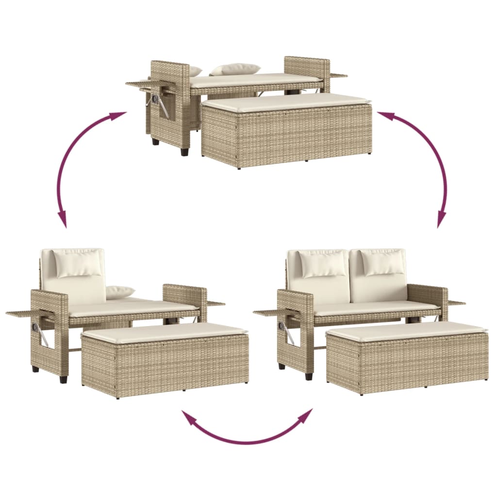 Adjustable Garden Bench with Cushions Beige Poly Rattan