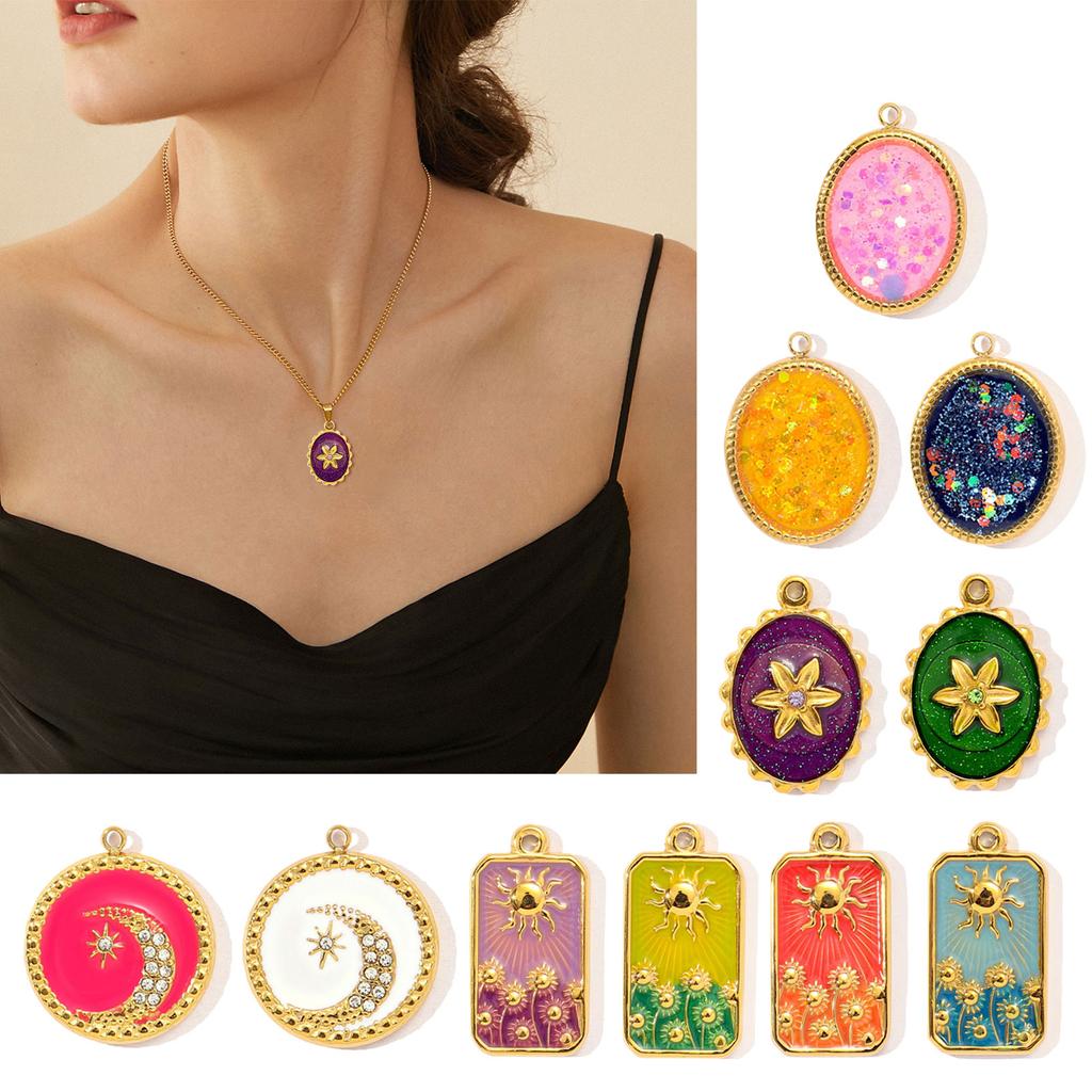 3pcs Elegant Gold Plated Steel Sunflower Necklace Pendant for Women with Enamel Tarot Card and Crescent Star Charm