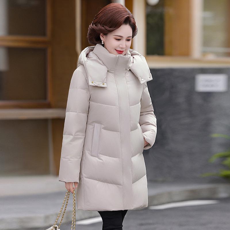2025 Winter Hooded Mid-Length Down Jacket for Middle-Aged & Elderly Women - Fashionable, Cold-Proof White Duck Down Mom Coat