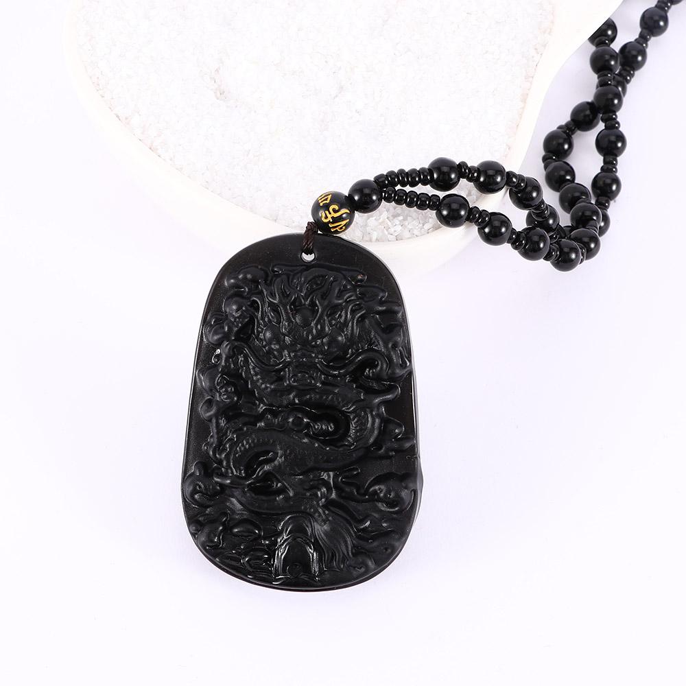Jewelry Auspicious Beaded Chain Black Rope Natural Obsidian Dragon Totem Carved Pendent Necklace