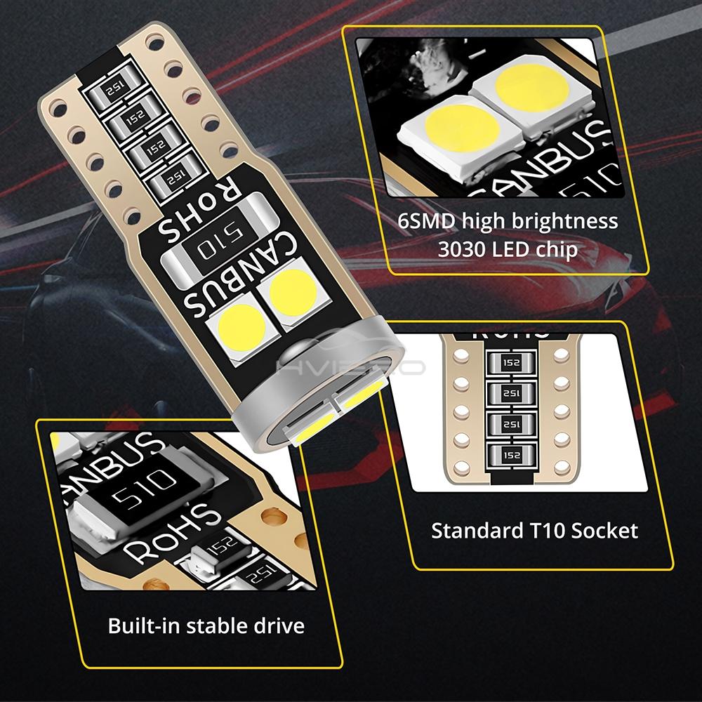 2/4/10pcs T10 W5W LED Auto Dome Reading Lamp 3030 6SMD Canbus Car Interior Door Bulb Trunk License Plate Signal Clearance Lights