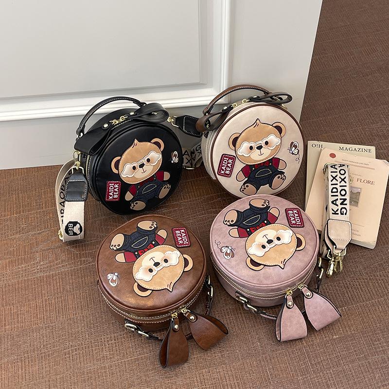 Cartoon Teddy Bear Round Cookie Handheld & Crossbody Bag with Wide Strap - Women's Cute Small Bag