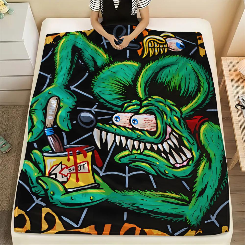 1PC Rat Fink Print Flannel Blanket, High Quality All Seasons, Home Decor, Warmth and Comfort, Perfect for Christmas Gifts