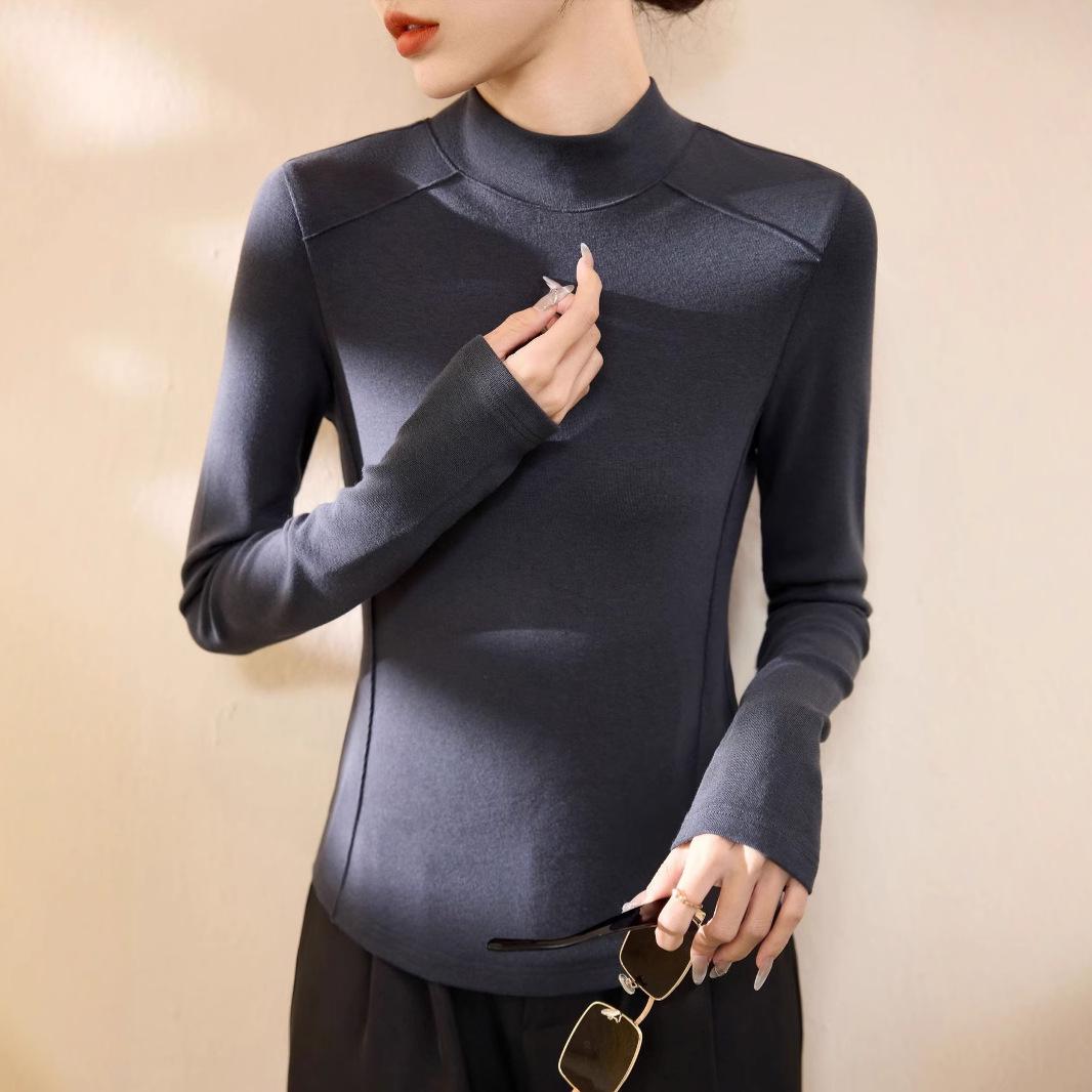 

Женская рубашка из смесовой шерсти с полувысоким воротником и длинными рукавами — стиль осень/зима 2024 года, универсальная для многослойного образа Triple Extra Large