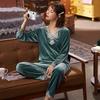 Autumn and winter women's golden velvet pajamas long-sleeved Korean version thin pullover lace coral velvet loungewear set large size