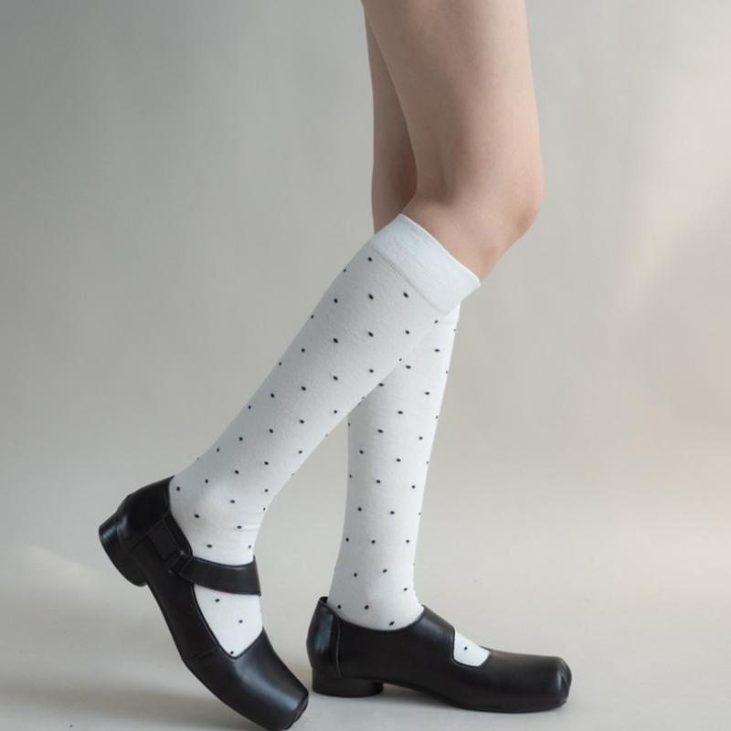 New Spring Ladies Cute Polka Dots Knee High Socks Fashion High Stretch Cotton Stockings Suitable For Women'S Clothing With Gift