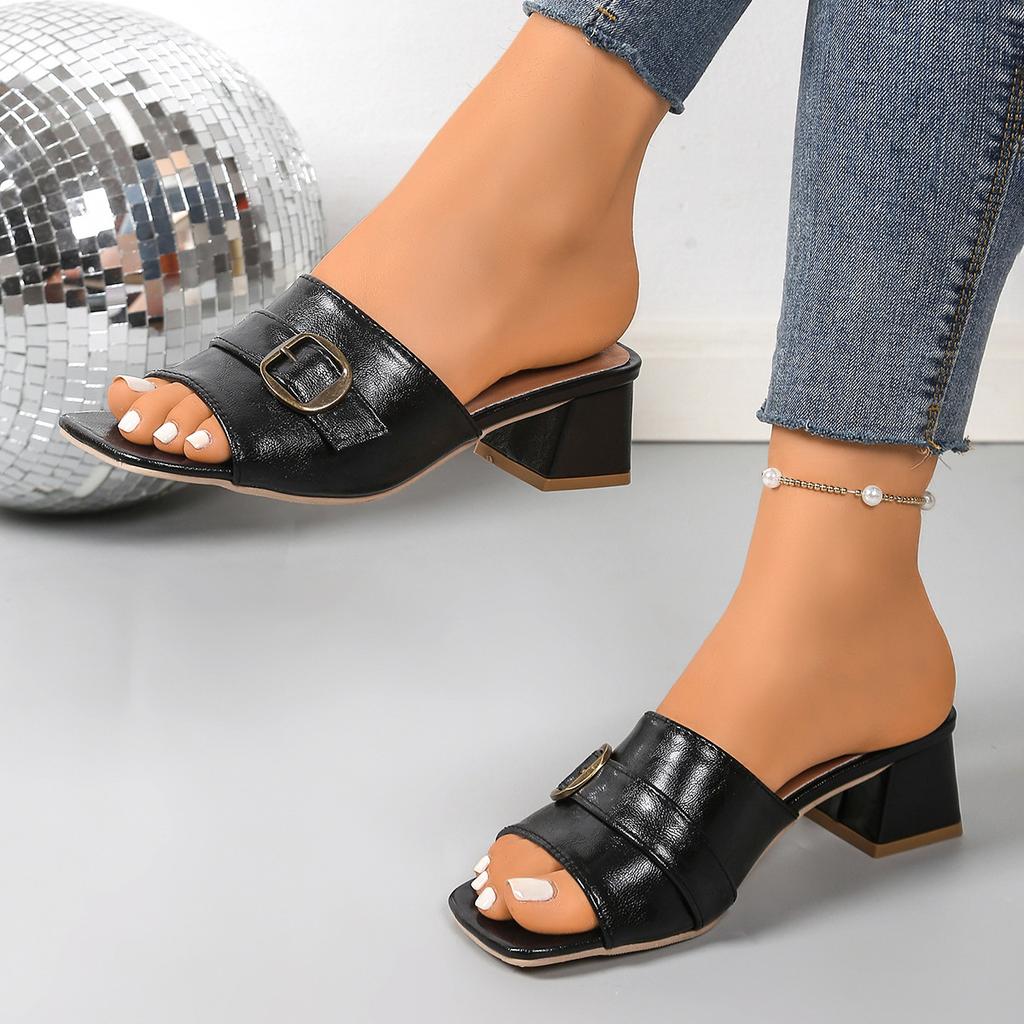 Slippers 22 beautiful summer new thick heel high heel large size cool slippers fish mouth square buckle slippers