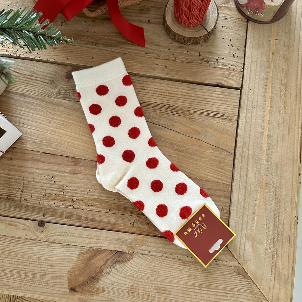 Songmu'S Ping An Xile Red Socks Polka Dot Medium Socks New Year'S Red Sox Niche Design Socks
