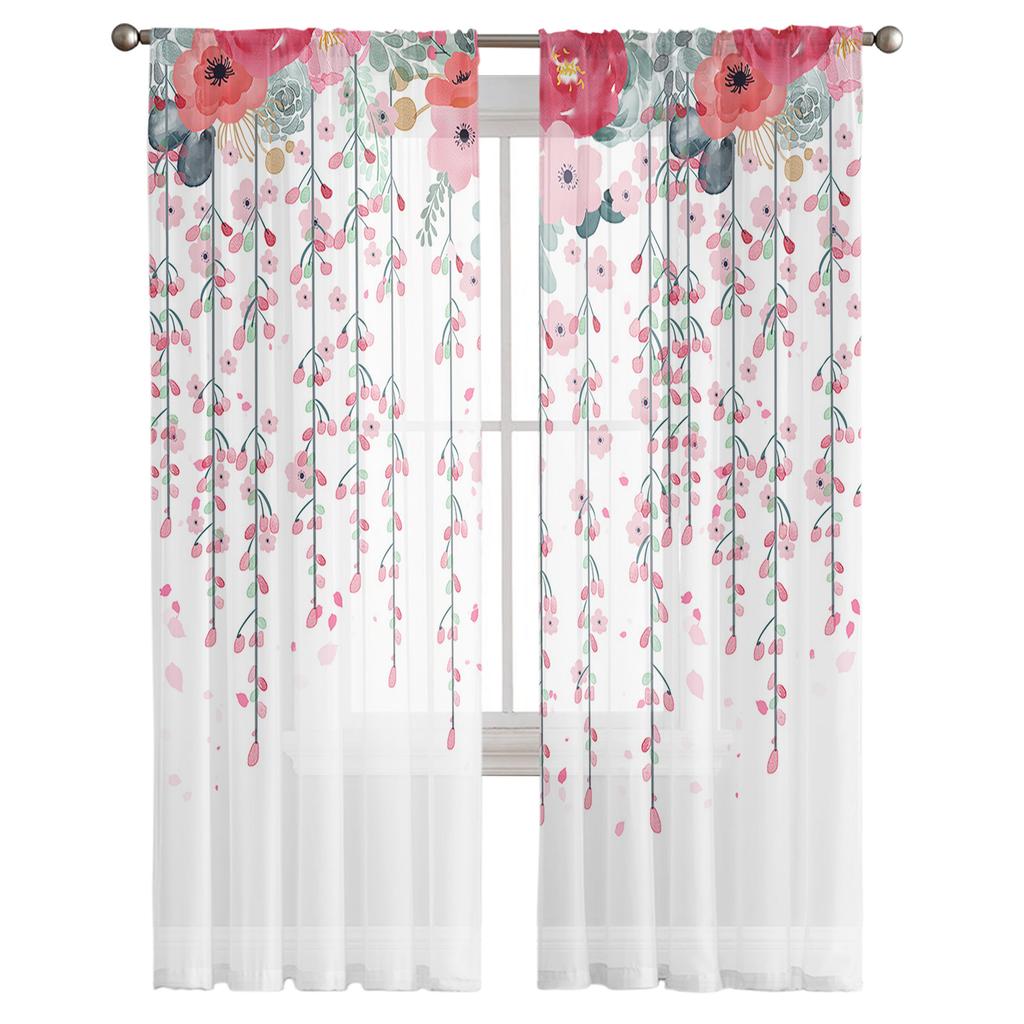 Pflanzen- und Blumendarstellung in Rot und Rosa, transparenter Fenstervorhang, Tüllvorhänge für Wohnzimmer, Schlafzimmer, Wohnkultur, Voile-Vorhänge