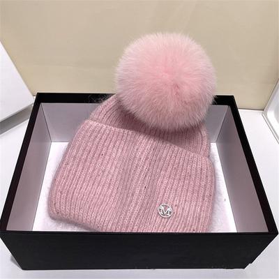 Hat Soft Real Fox Fur Pom Poms Ball Skullies Beanies Keep Warm Winter Hat for Women Girls Wool Hat Outdoor Knitted Cap Thick Female Cap