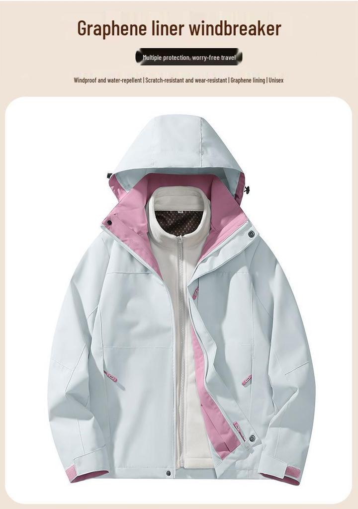 Graphene 3-in-1 Waterproof Windbreaker: Men's and Women's Outdoor Mountaineering and Ski Jacket with Detachable Layers.