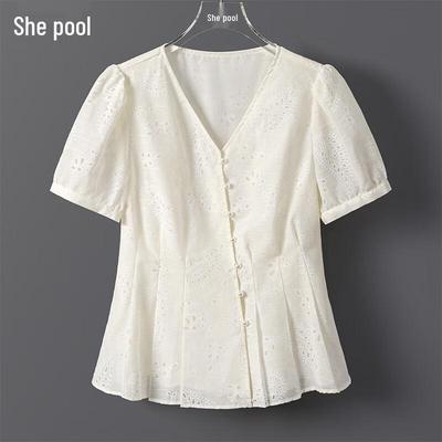 Taché Hollow Embroidered Short Sleeve V-Neck Blouse