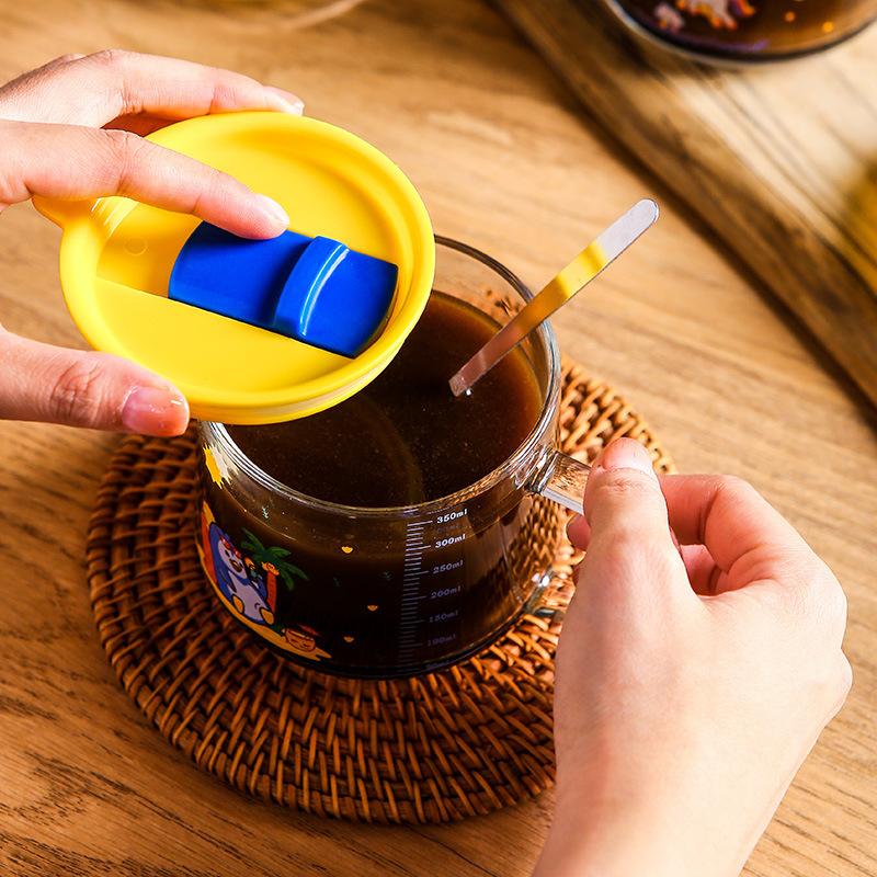 Home Office Coffee Cup with Lid Glass 350ml Cartoon Cute Water Cup with Straw Milk Double Drink Cup
