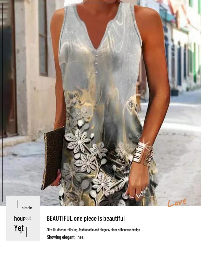 Women's Summer 2025 Slimming V-Neck Sleeveless Print Dress