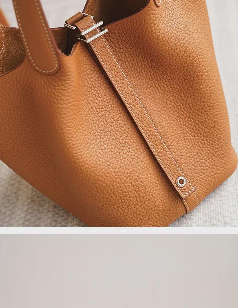Black Genuine Leather Lychee Pattern Bucket Tote Bag for Women