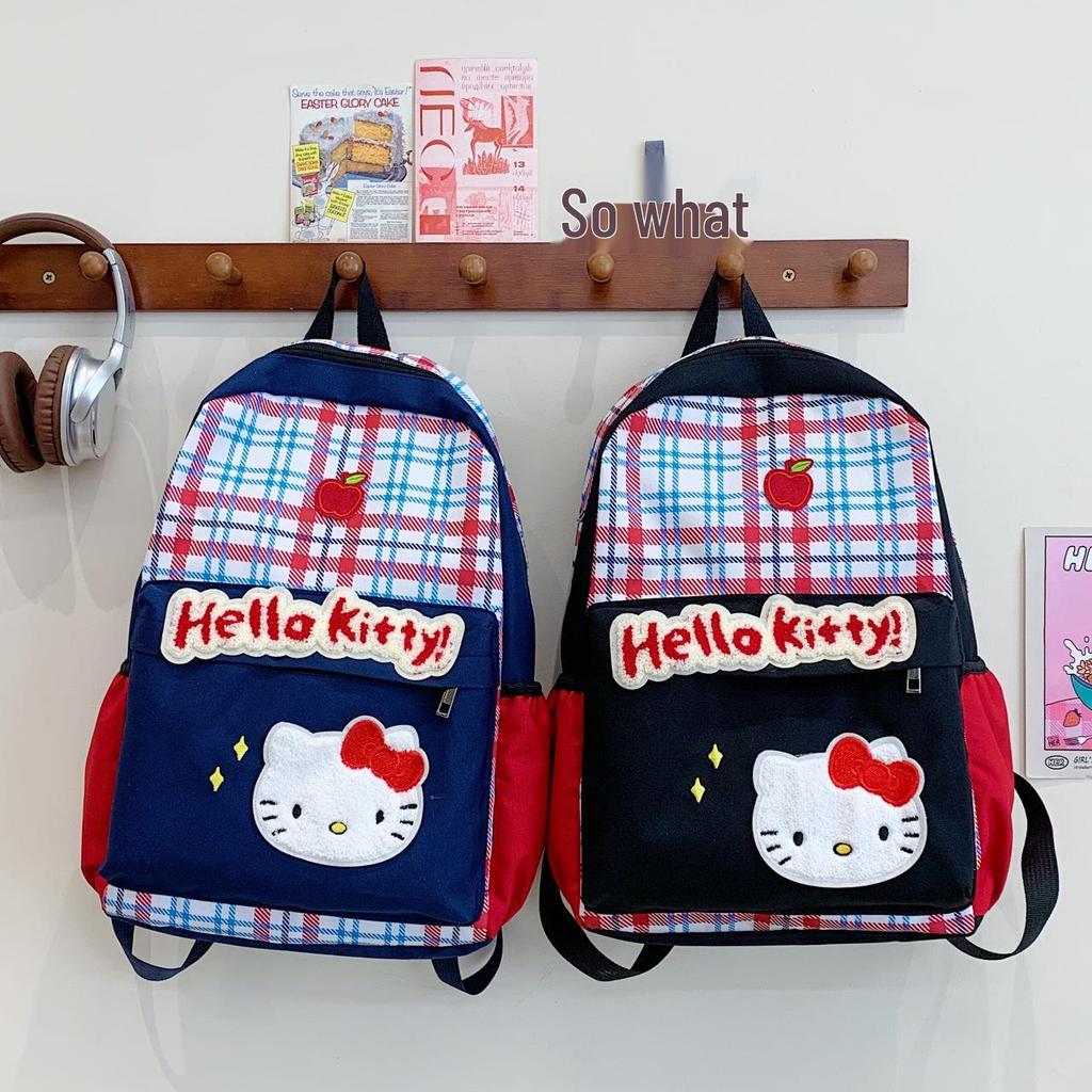 American Girl Retro Blue Plaid Cartoon Backpack for Junior and High School - Large Capacity, Casual Style