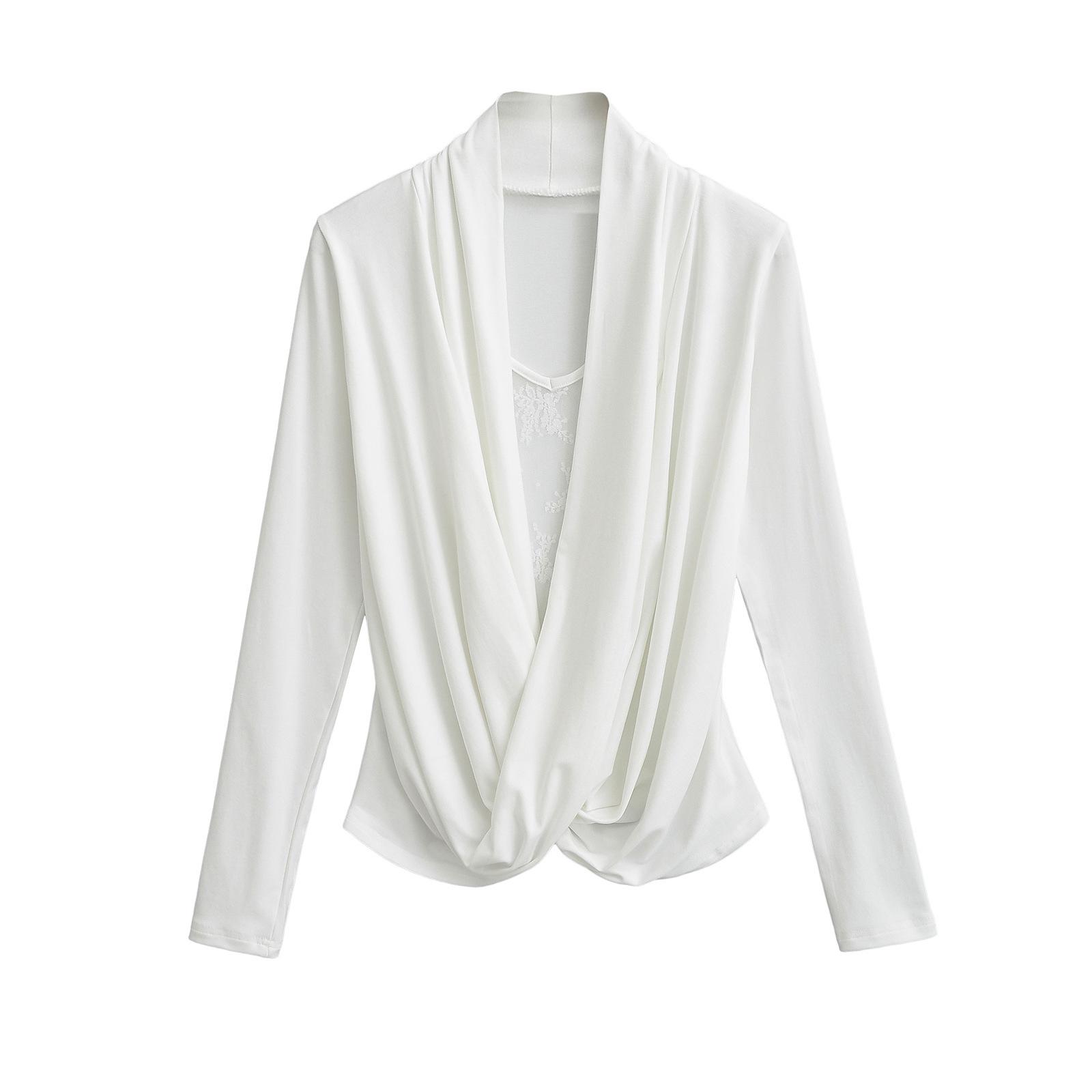 

Женский белый кружевной лоскутный топ с драпированным вырезом, с эффектом двух частей, приталенный, с длинным рукавом Medium белый