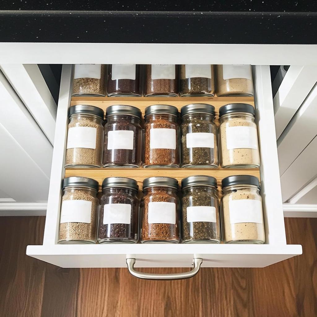 Bamboo Spice Rack For Drawer, 4 Tier Stackable Seasoning Storage Organizer Insert,for Kitchen Condiments Storage Insert(Jars Not Included,9.4"