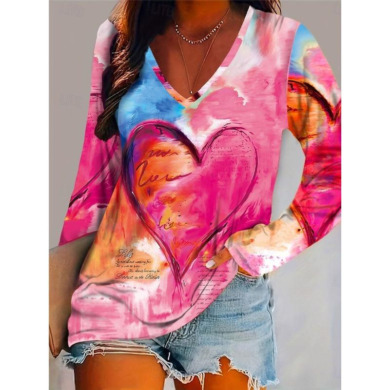 Spring and Autumn V-neck 3D Love Printed Top Fashionable Casual Long Sleeved Women's T-shirts