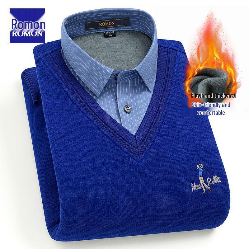 

Romon Men s Winter V-Neck Sweater: Faux Two-Piece, Thick Velvet, Warm Knitwear for Middle-Aged and Elderly 3XL