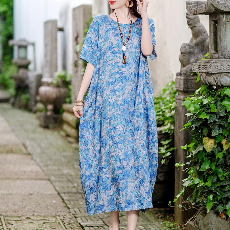 Vintage potisk Dlouhé šaty pro ženy Nadměrná velikost Volný Krátký rukáv Móda Elegantní Dámské šaty Letní Vintage oblečení