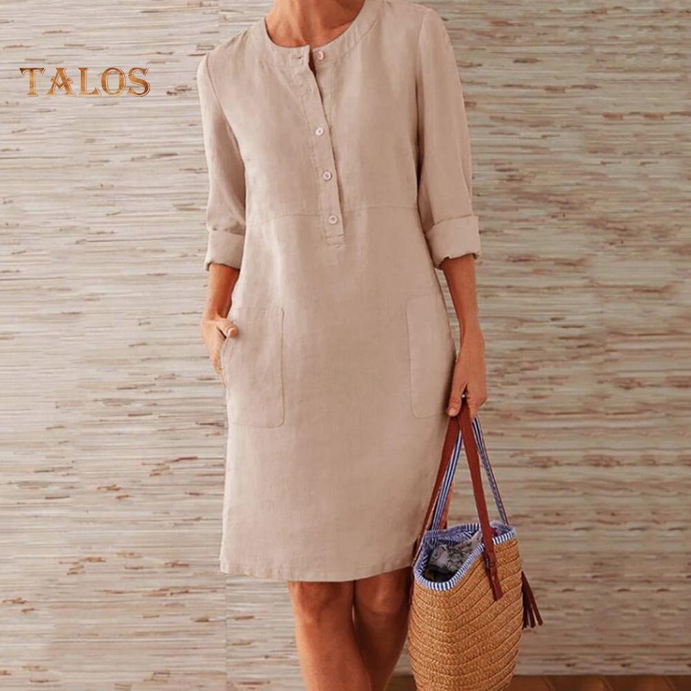 Hi Cutie Women Clothing Loose Solid Color Buttons Cotton Linen Long Sleeve Midi Dress