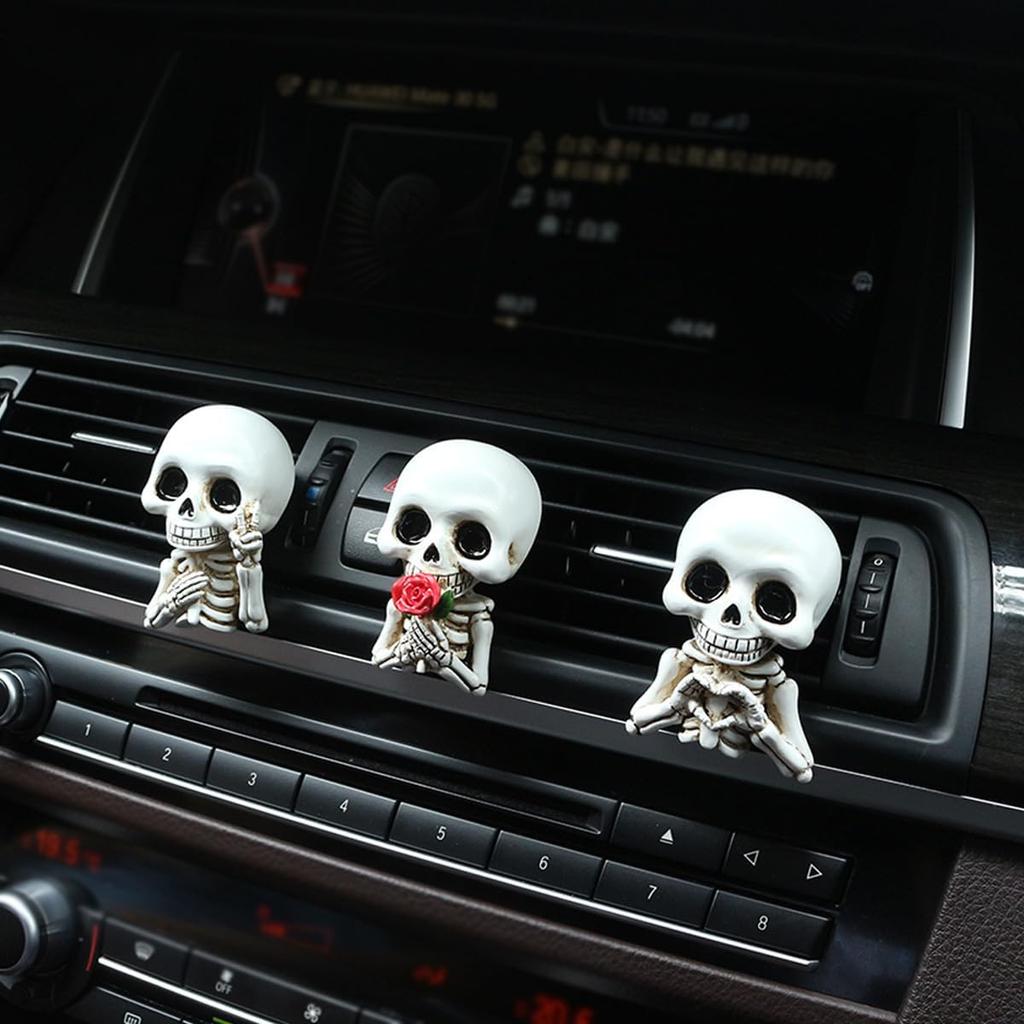 Set of 3 Halloween Skull Decor Cute Car Air Freshener Vent Clips, Resin Skeleton Holding Rose Car Diffuser Romantic Dashboard Decorations Auto
