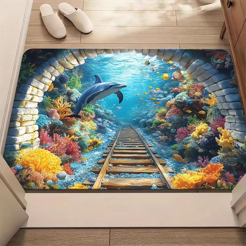 3D Illusion Carp Doormat Unique Koi Fish Pond Entrance Rug with Realistic Water Effect Non-Slip Floor Mat for Home Decor