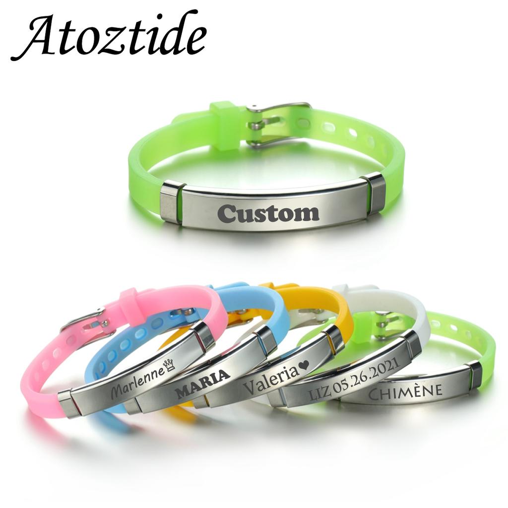 Atoztide Personalized Engrave Name Date Bracelet Stainless Steel For \Women Kids Adjustable Color Luminous Silicone Jewelry Gift