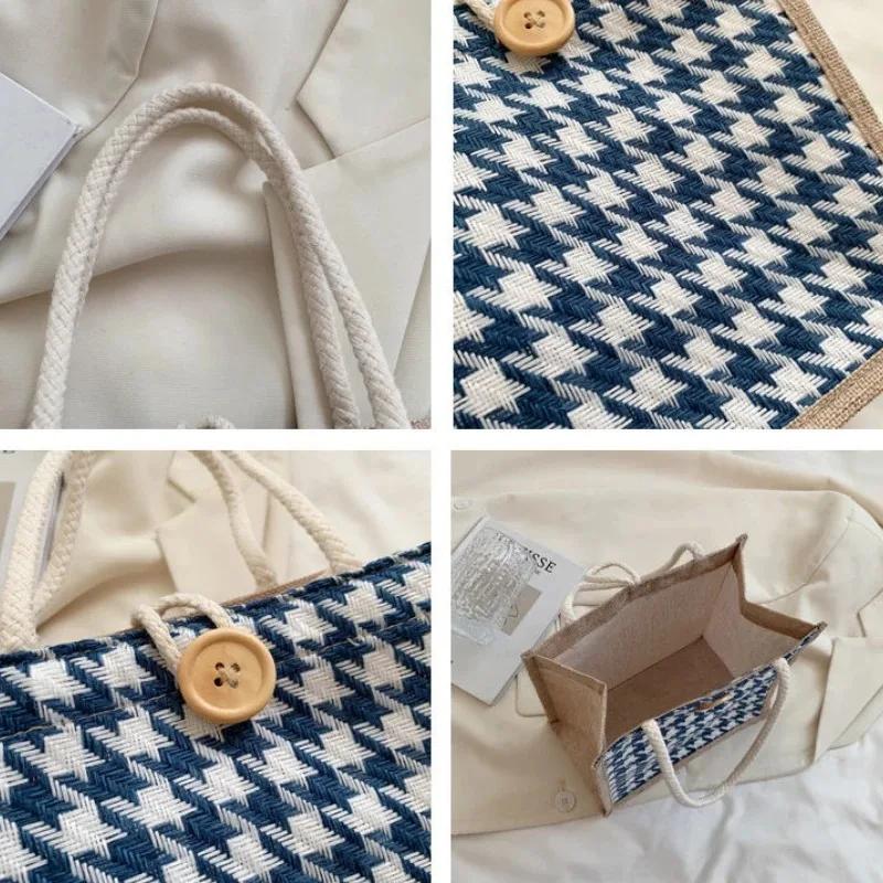 Houndtooth Lunch Bags Mini Tote Bag for Women Mobile Phone Tote Bag Lady Small Linen Casual Handbag Female Portable Shopping Bag