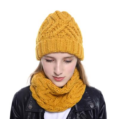 Women's Fashion Two-piece Knitted Wool Hat and Neck Warmer Set Autumn and Winter Warm Solid Hat and Scarf Set